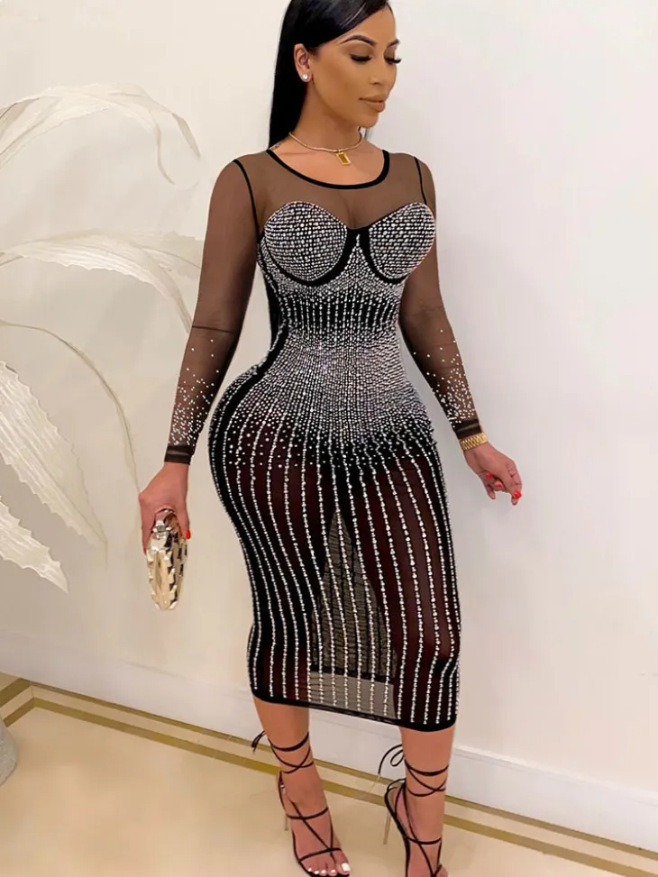 Plus Size Hot Drilling Mesh Long Sleeve Midi Dress