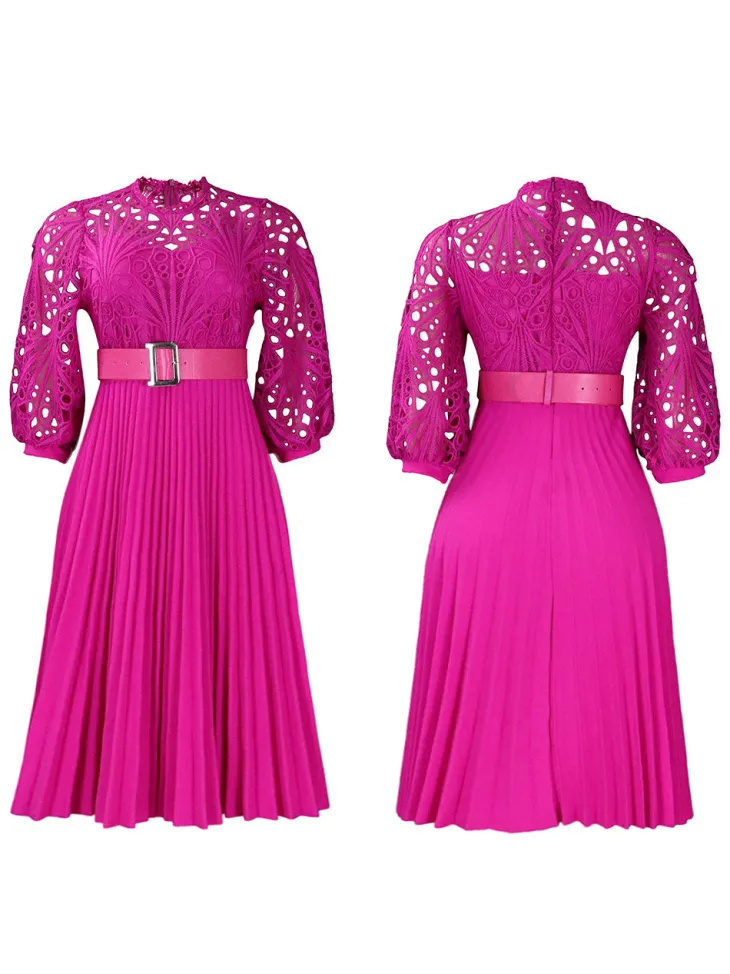 Plus Size Lace Hollow Out Pleated Dress