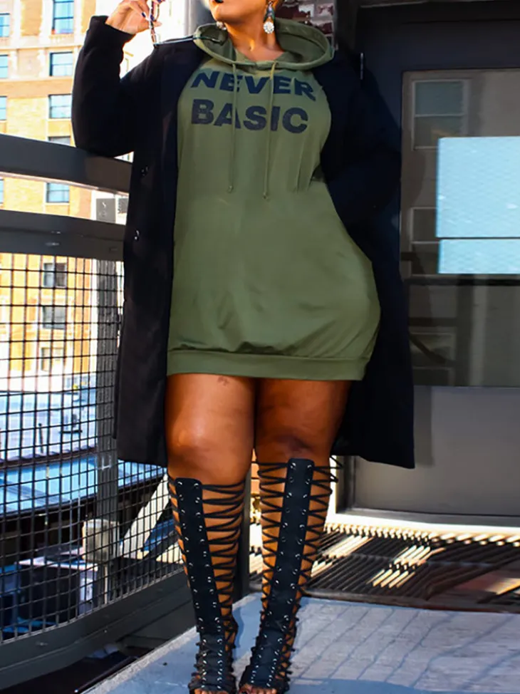Plus Size Letter Print Hooded Sweatshirt Dress