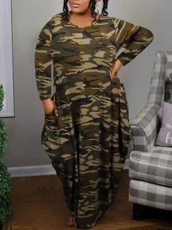 Plus Size Long Sleeve Pockets Print Dress
