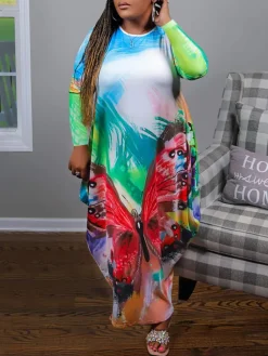 Plus Size Long Sleeve Pockets Print Dress