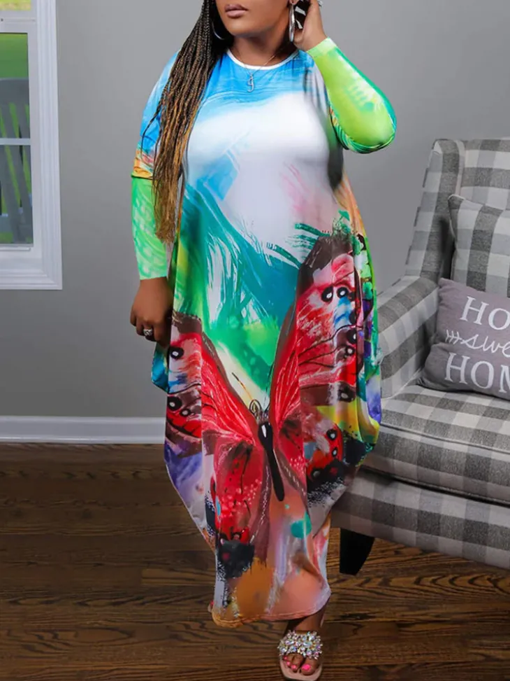 Plus Size Long Sleeve Pockets Print Dress