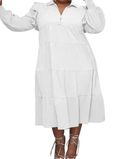 Plus Size Long Sleeve Ruffle Lapel Maxi Dress