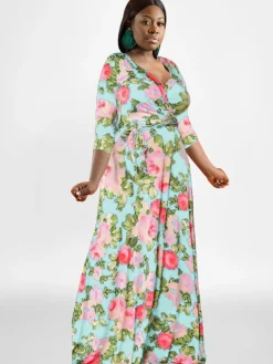 Plus Size Long Sleeves Floral Print Maxi Dress