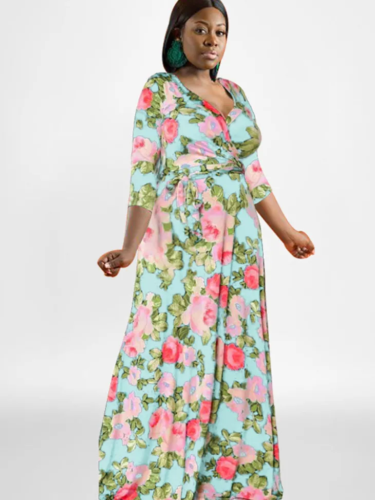 Plus Size Long Sleeves Floral Print Maxi Dress
