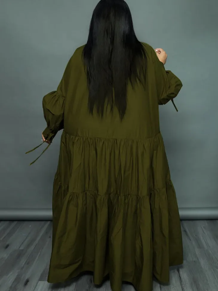 Plus Size Long Sleeves Ruffle Hem Maxi Dress