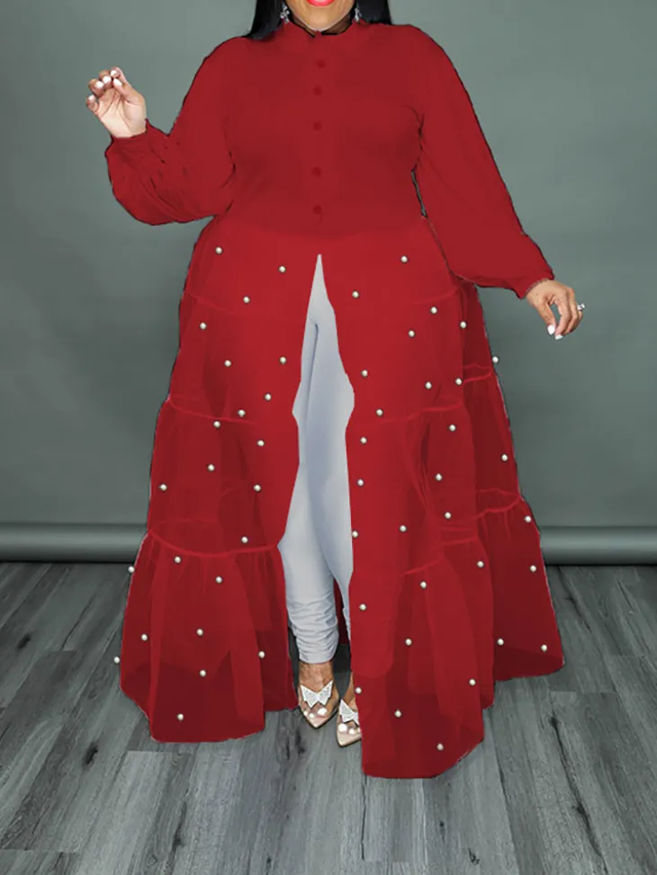 Plus Size Pearl Mesh Patchwork Top