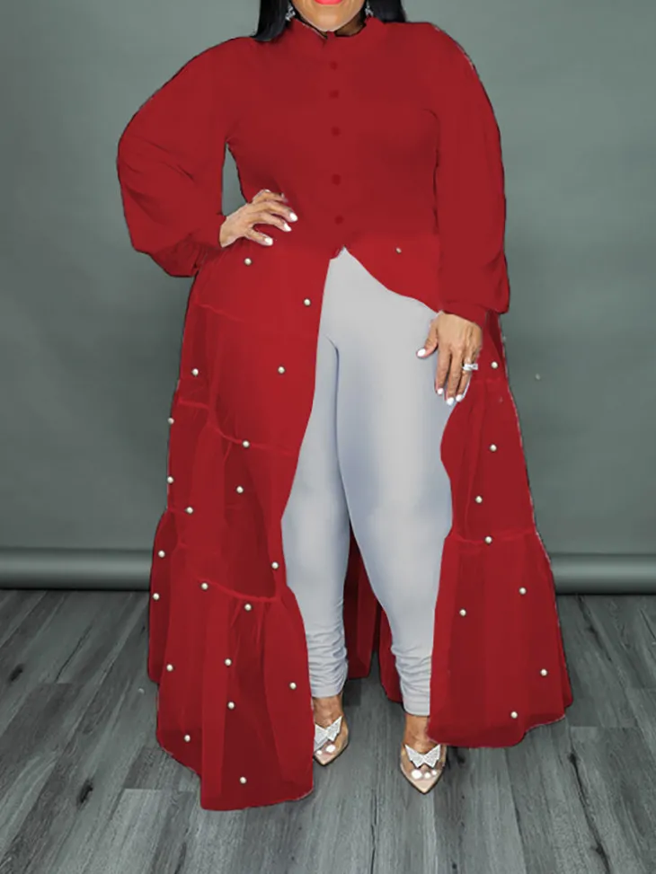 Plus Size Pearl Mesh Patchwork Top