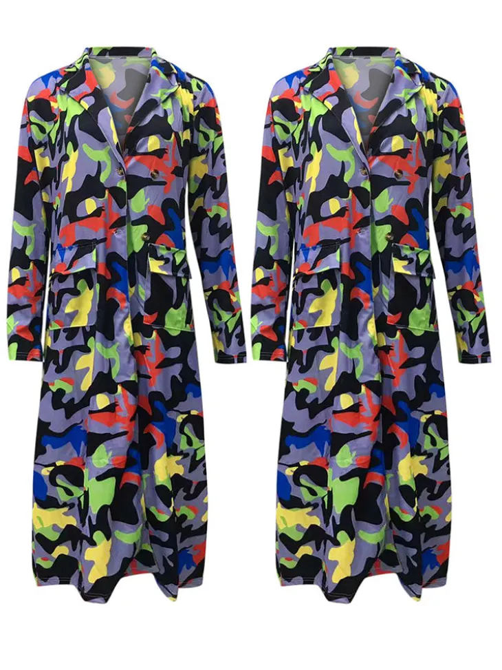 Plus Size Plaid Colorful Print Double-Breasted Lapel Coat