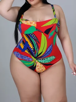 Plus Size Printed Swim Romper Cover Set