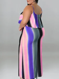 Plus Size Ruffle Strap Rainbow Stripe Print Dress