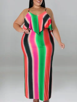 Plus Size Ruffle Strap Rainbow Stripe Print Dress