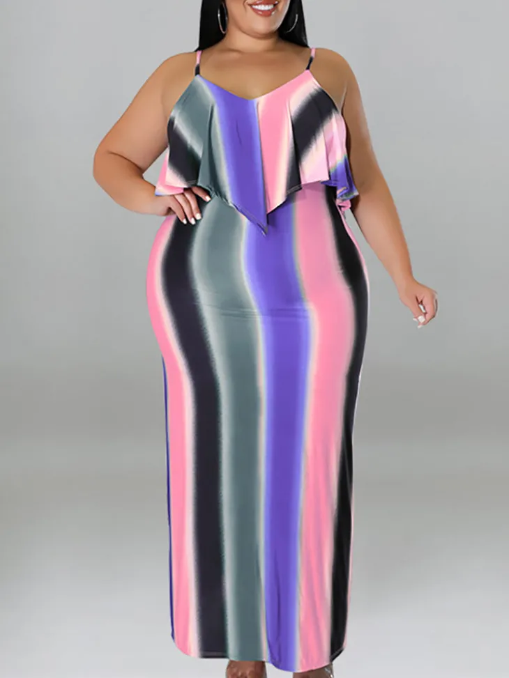 Plus Size Ruffle Strap Rainbow Stripe Print Dress