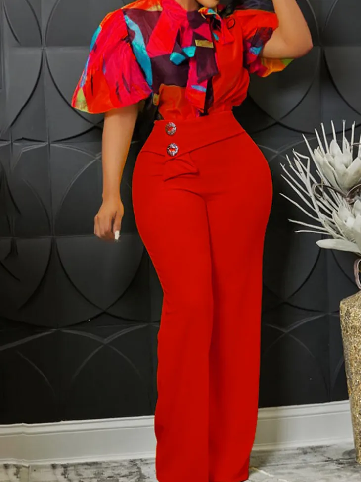 Plus Size Short Sleeve Shirt and Wide Leg Pants Set