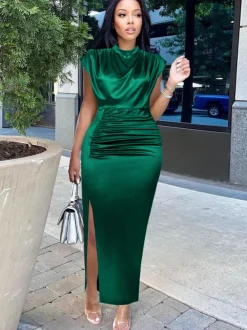 Plus Size Sleeveless Ruched Side Split Maxi Dress