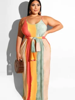Plus Size Spaghetti Strap Striped Maxi Dress