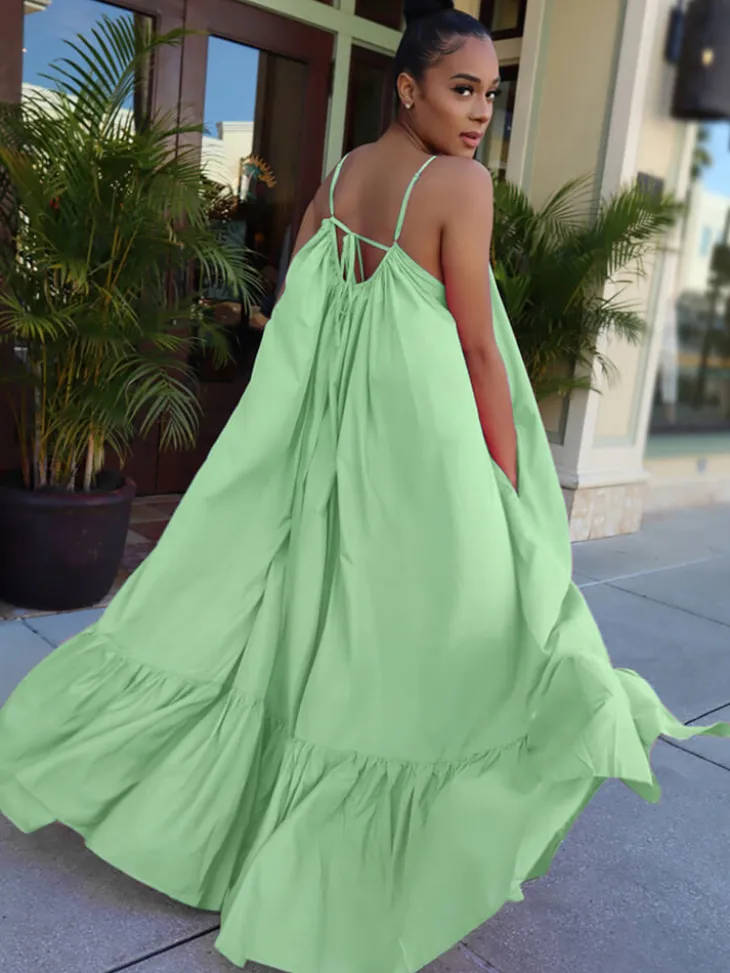 Plus Size Spaghetti Strap Ruffle Beach Maxi Swing Dress