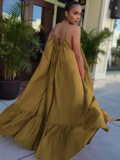 Plus Size Spaghetti Strap Ruffle Beach Maxi Swing Dress