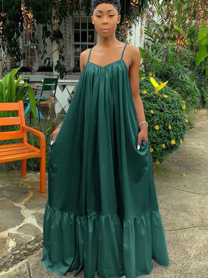 Plus Size Spaghetti Strap Ruffle Beach Maxi Swing Dress