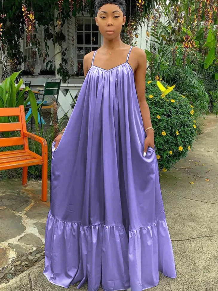Plus Size Spaghetti Strap Ruffle Beach Maxi Swing Dress