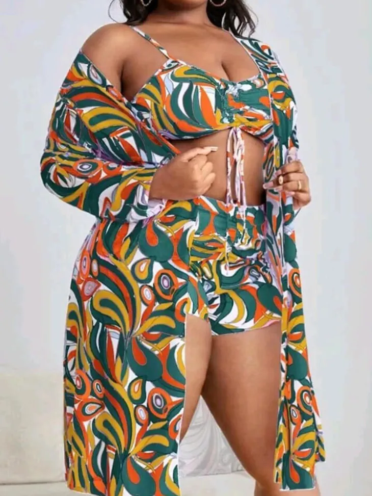 Plus Size Three Piece Floral Print Short Set