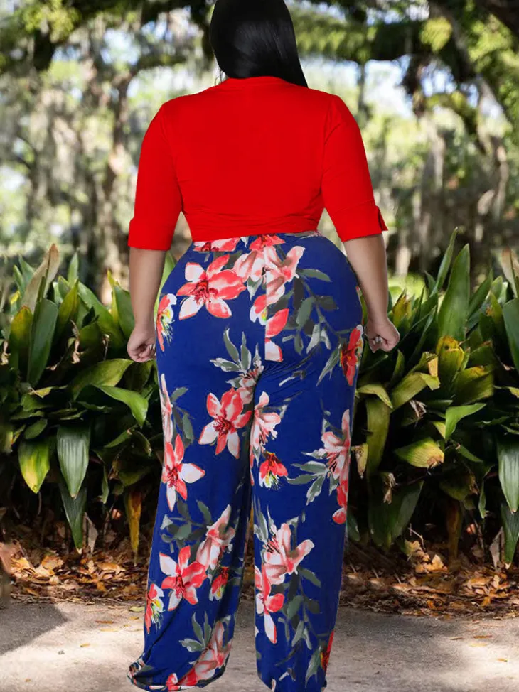 Plus Size Two Piece Crop Top Long Pants Outfits