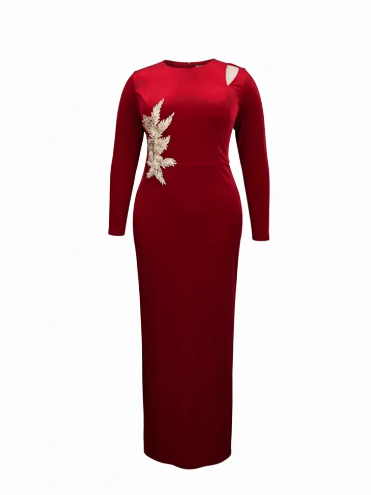 Plus Size Velvet Embroidered Midi Dress