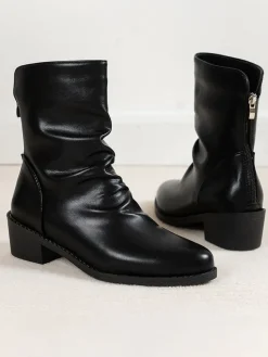 PU Leather Solid Color Ruched Anklet Boots