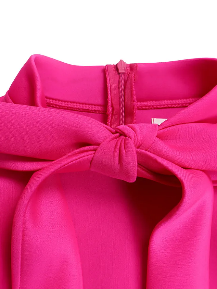 Puff Sleeve Bow-Tie Neck Flared Midi Dress