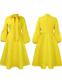 Puff Sleeve Bow-Tie Neck Flared Midi Dress