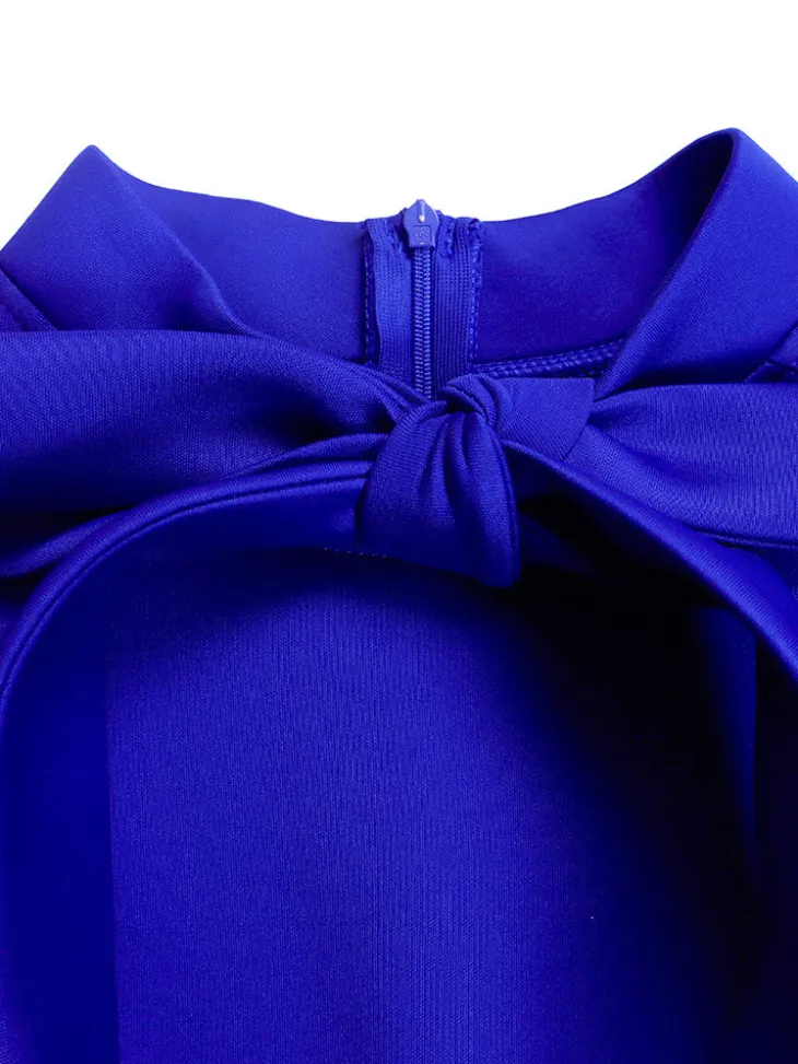 Puff Sleeve Bow-Tie Neck Flared Midi Dress