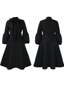 Puff Sleeve Bow-Tie Neck Flared Midi Dress