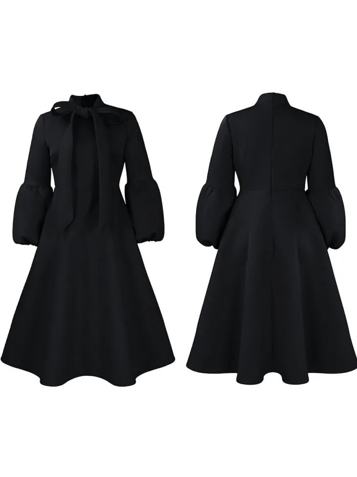 Puff Sleeve Bow-Tie Neck Flared Midi Dress
