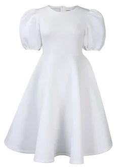 Puff Sleeve Solid Ruched Bodycon Midi Dress