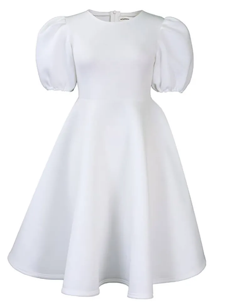 Puff Sleeve Solid Ruched Bodycon Midi Dress