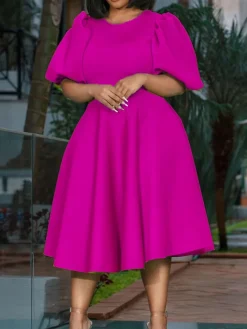 Puff Sleeve Solid Ruched Bodycon Midi Dress