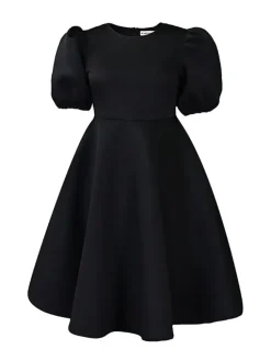 Puff Sleeve Solid Ruched Bodycon Midi Dress