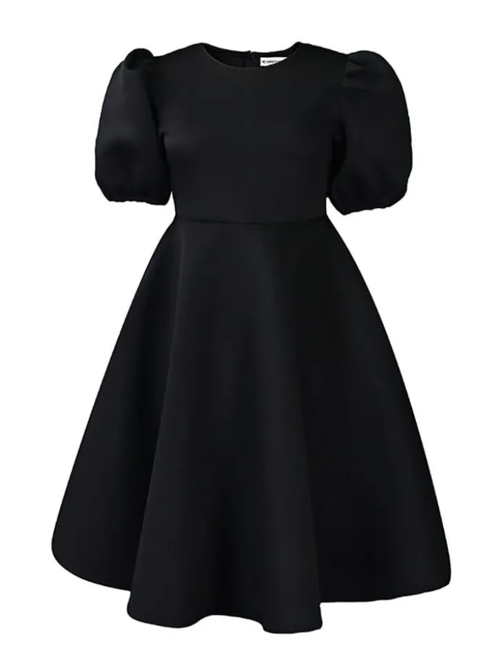 Puff Sleeve Solid Ruched Bodycon Midi Dress