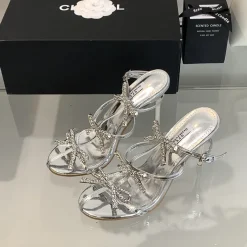 Rhinestone Bow Square Toe High Heel Slide