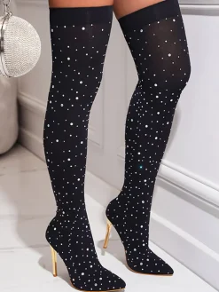 Rhinestone Embellished Stretch Mesh Boots