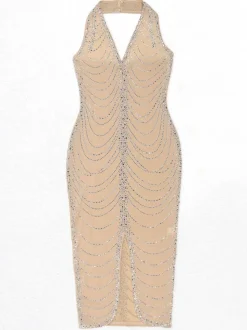 Rhinestone Halter Neck Mesh Dress