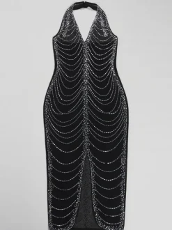 Rhinestone Halter Neck Mesh Dress