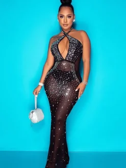 Rhinestone Mesh Backless Bodycon Maxi Dress