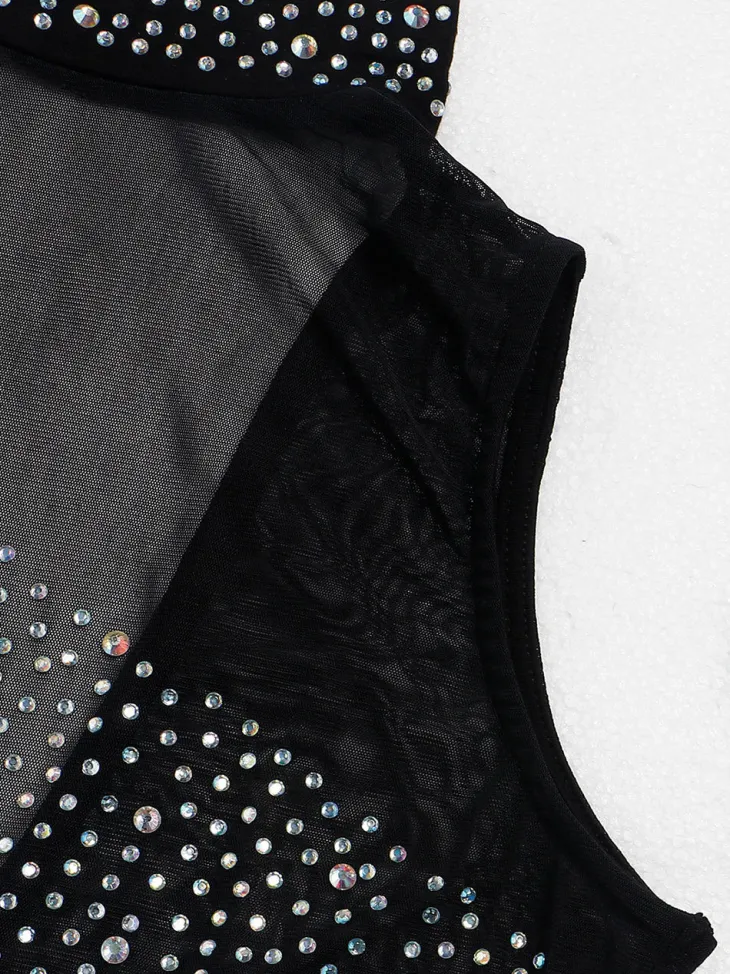 Rhinestone Mesh Patchwork Zip Up Short Jumpsuit