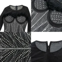 Rhinestone Mesh Patchwork Feather Mini Dress