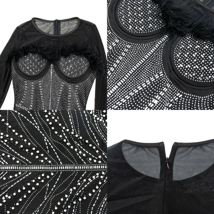 Rhinestone Mesh Patchwork Feather Mini Dress