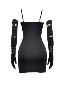 Rhinestone Spaghetti Strap Dress with Gloves
