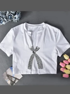 Rhinestone Split Hem Crop Top