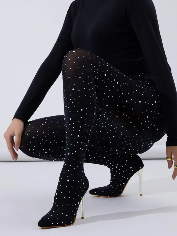 Rhinestone Stiletto Pointed Toe Pants Boots