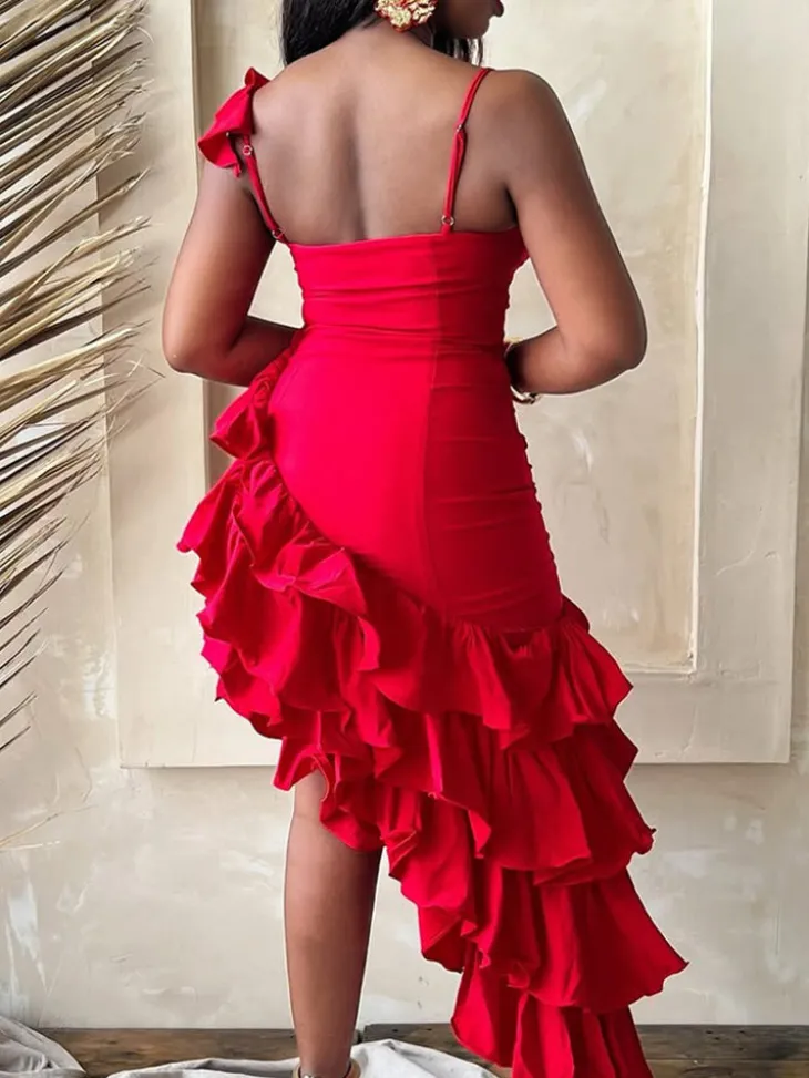 Ruffled Asymmetrical Ruched Cami Dress